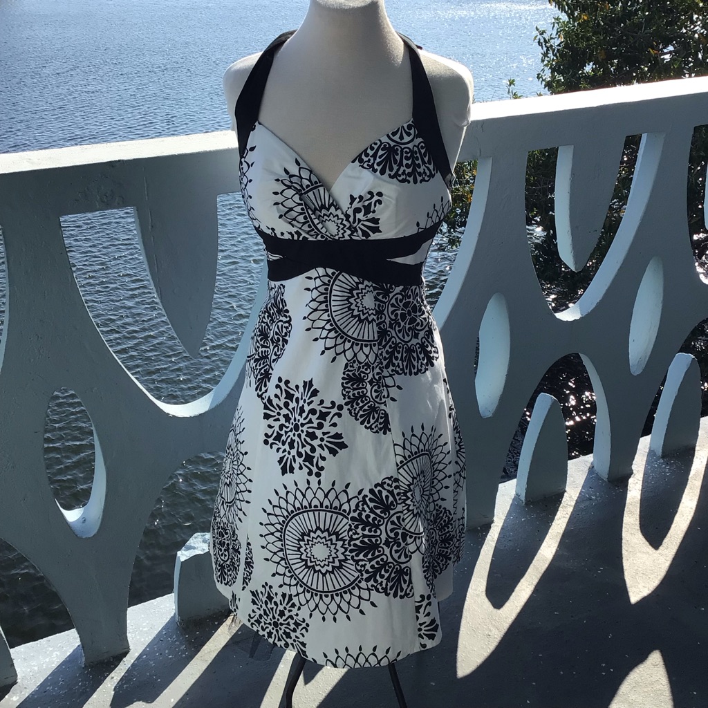 By Rox Black & White Halter Floral Sundress With Taffeta Trim